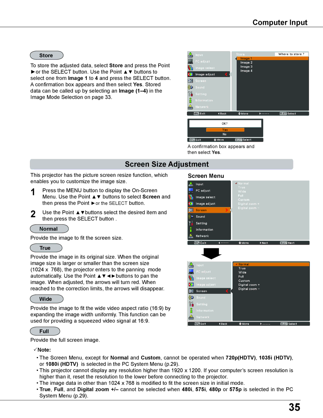 Sanyo PLC-XC56 owner manual Screen Size Adjustment, Screen Menu 