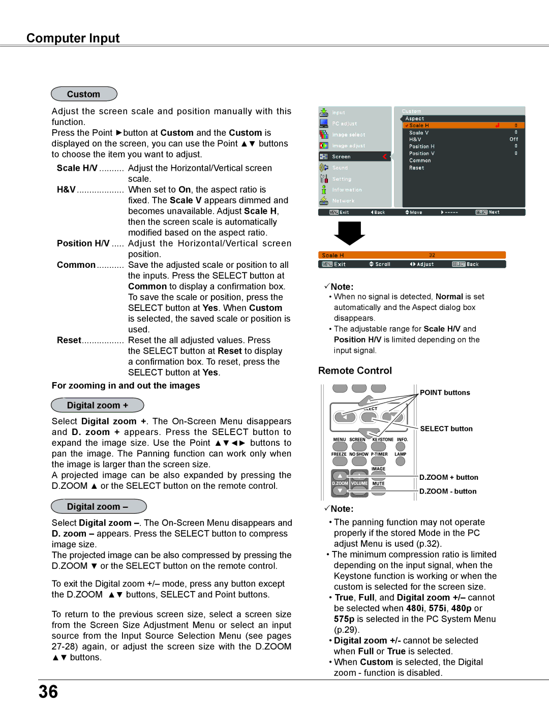 Sanyo PLC-XC56 owner manual Custom, Position H/V, For zooming in and out the images Digital zoom + 