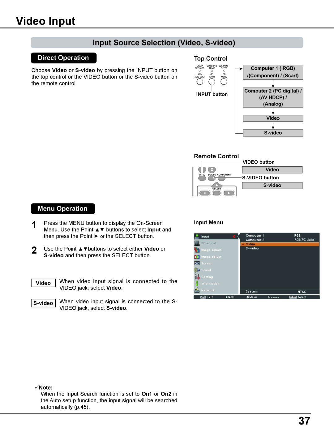 Sanyo PLC-XC56 owner manual Video Input, Input Source Selection Video, S-video, Input Menu 