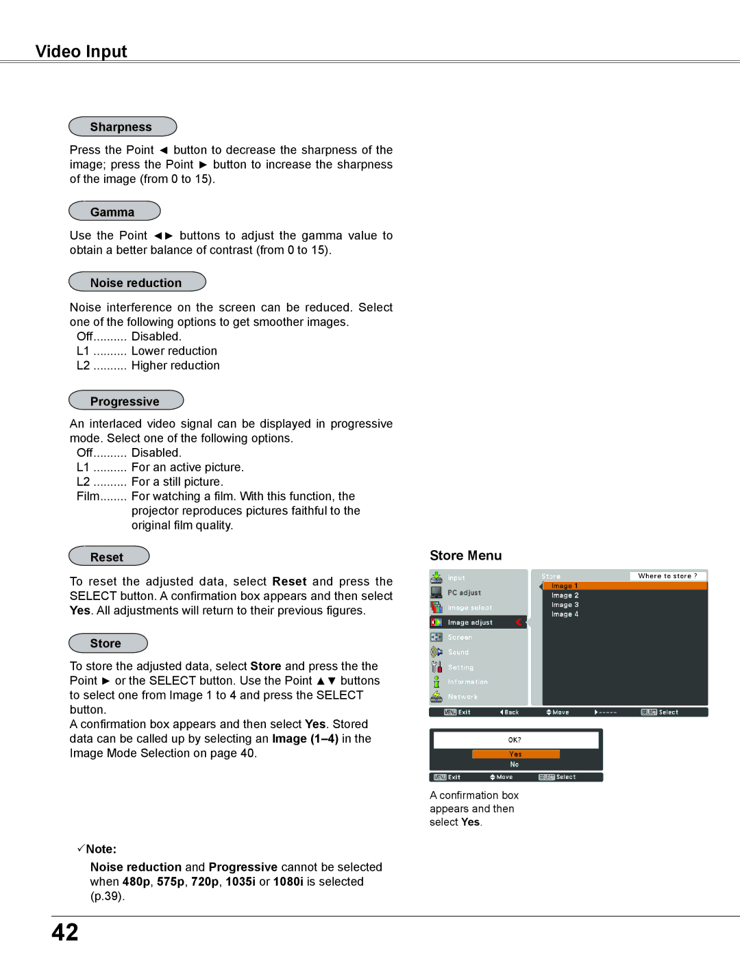 Sanyo PLC-XC56 owner manual Video Input, Store Menu, Noise reduction, Progressive 