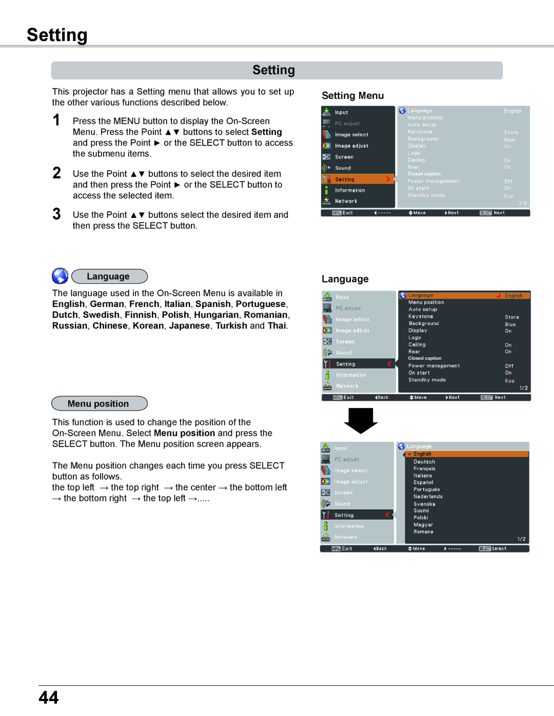 Sanyo PLC-XC56 owner manual Setting Menu, Language 