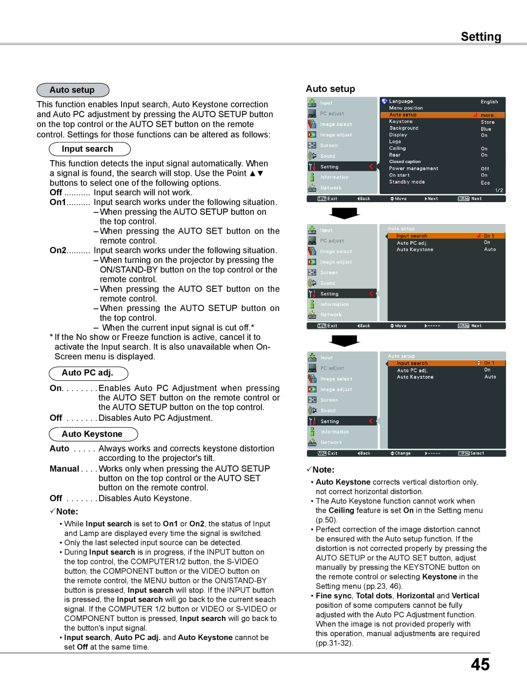 Sanyo PLC-XC56 owner manual Auto setup, Input search, Auto Keystone 