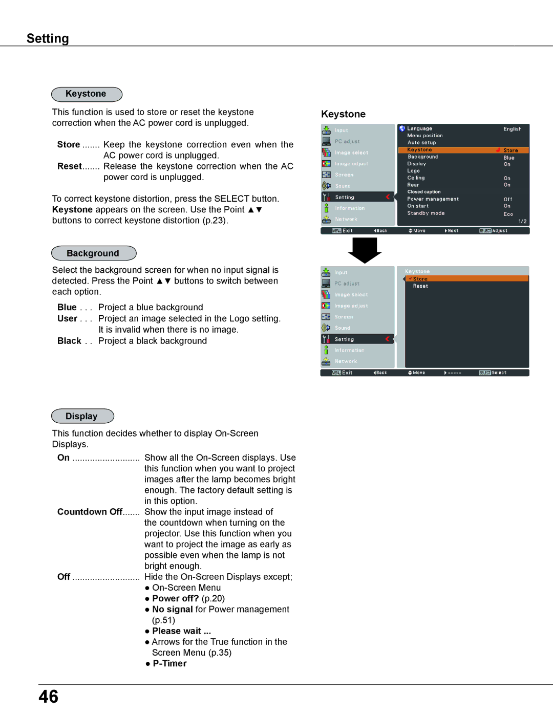 Sanyo PLC-XC56 owner manual Keystone, Background, User, Black, Display, Countdown Off, Power off? p.20, Please wait, Timer 