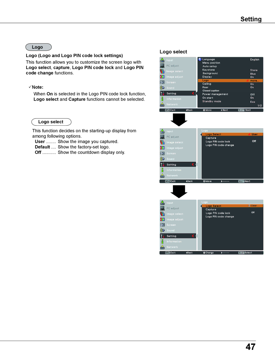 Sanyo PLC-XC56 owner manual Logo select, Logo Logo and Logo PIN code lock settings, Default 