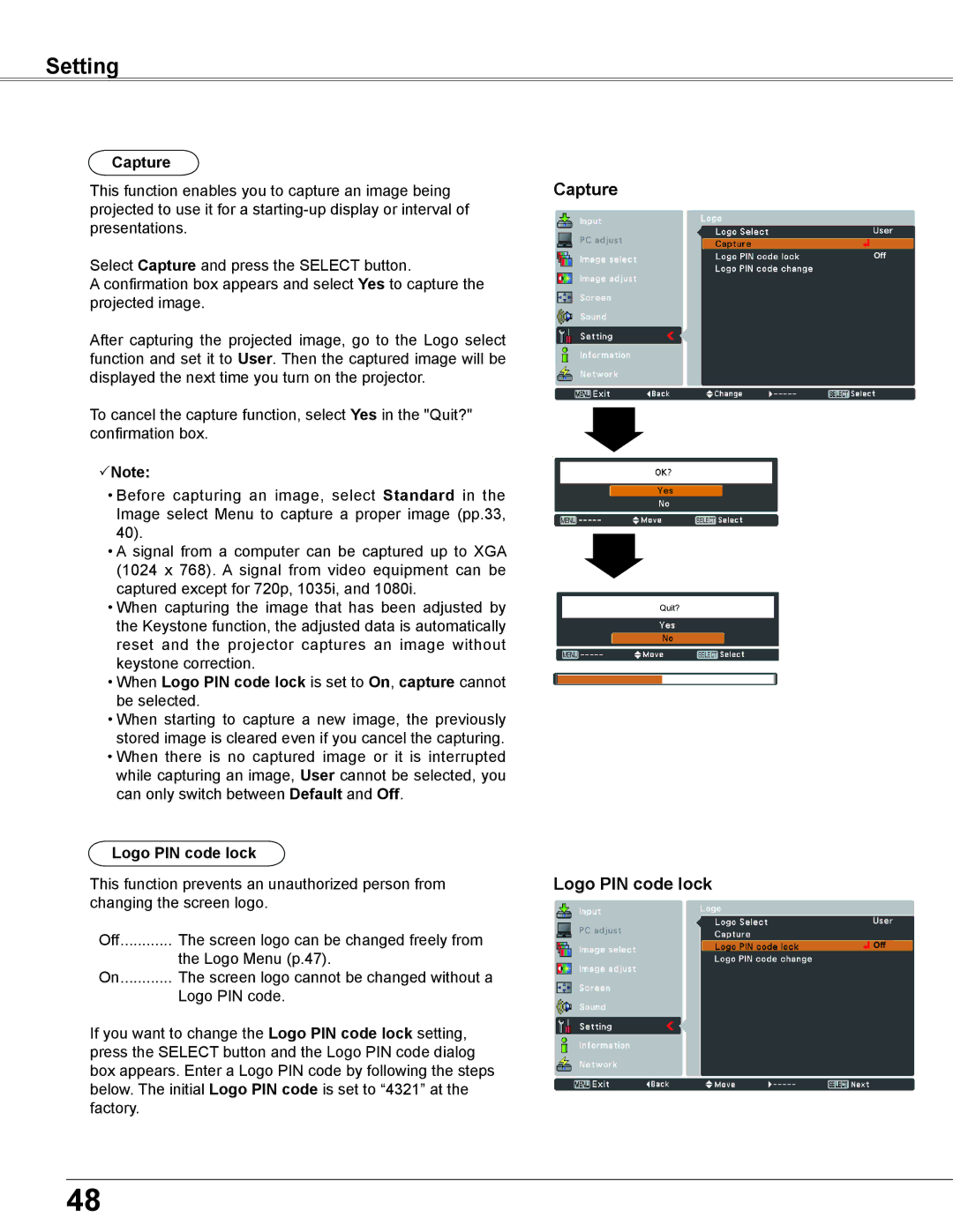 Sanyo PLC-XC56 owner manual Capture, Logo PIN code lock 