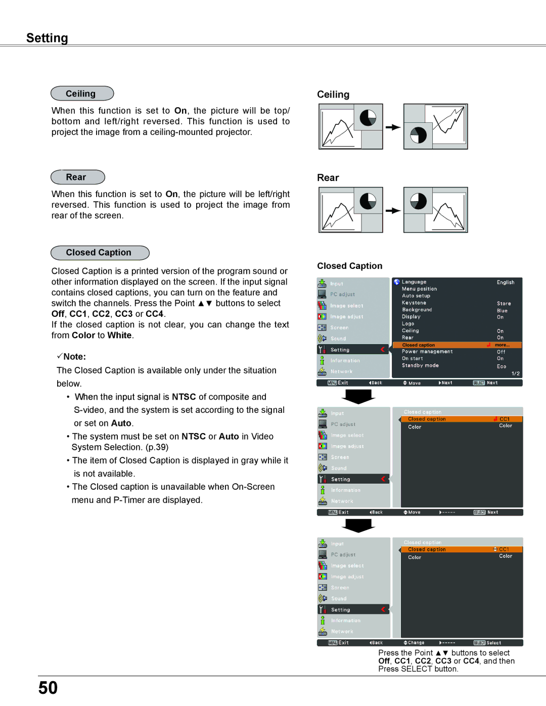 Sanyo PLC-XC56 owner manual Ceiling, Rear, Closed Caption 