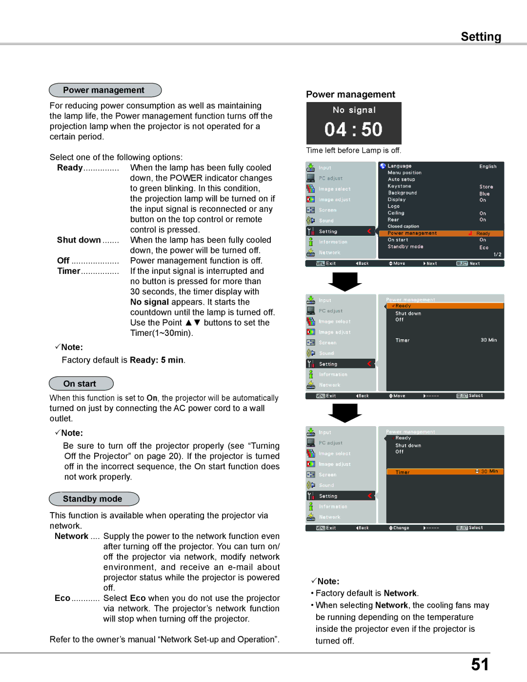 Sanyo PLC-XC56 owner manual Power management, Shut down, On start, Standby mode 