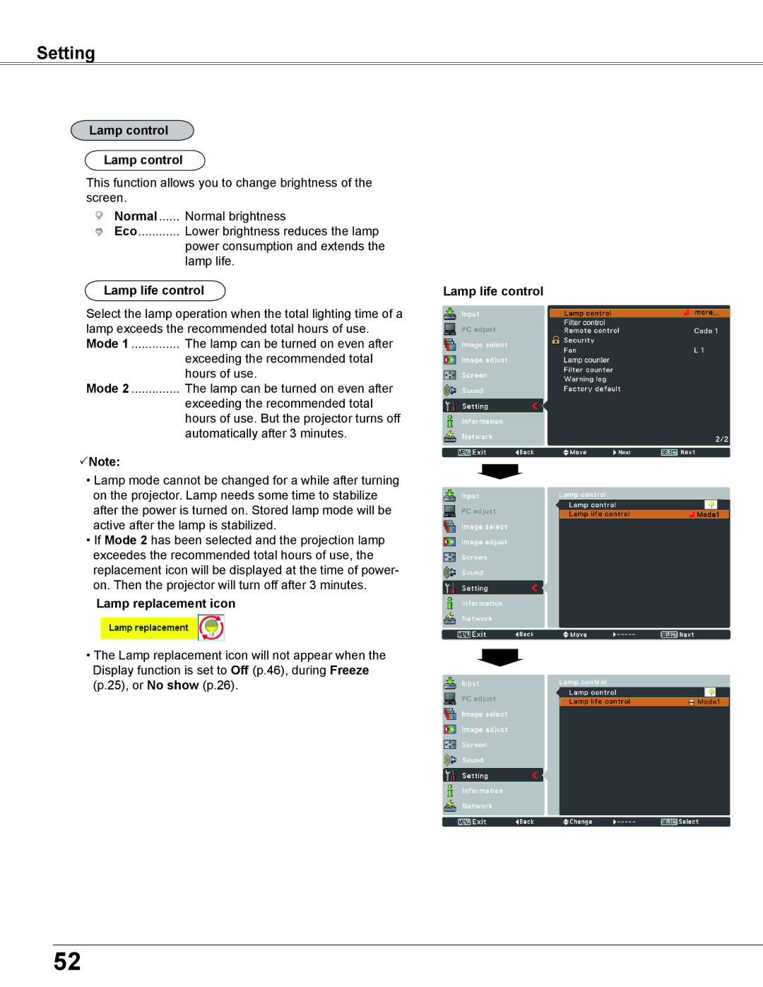 Sanyo PLC-XC56 owner manual Lamp control, Lamp life control, Mode, Lamp replacement icon 