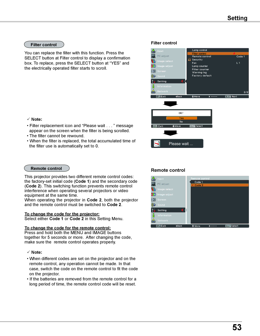 Sanyo PLC-XC56 owner manual Filter control,  Note, Remote control, To change the code for the projector 