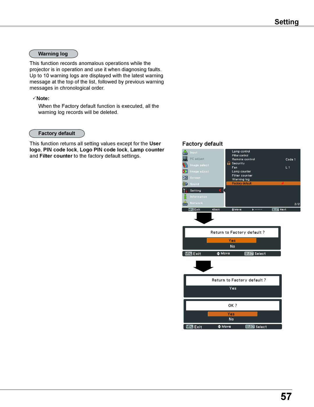 Sanyo PLC-XC56 owner manual Factory default 