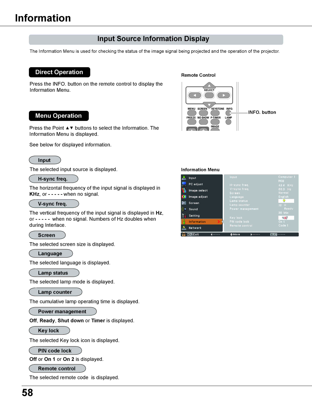 Sanyo PLC-XC56 owner manual Input Source Information Display 