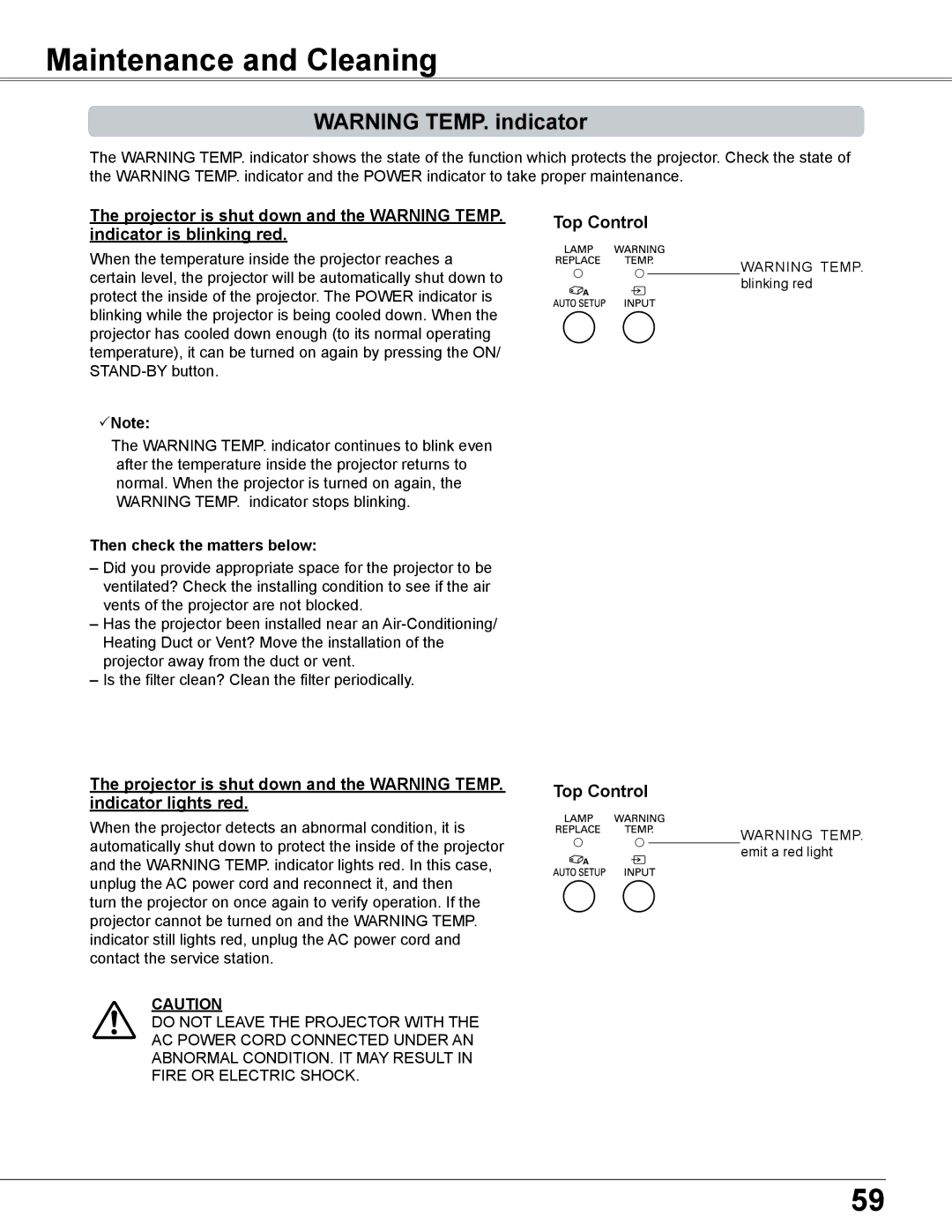 Sanyo PLC-XC56 Maintenance and Cleaning, Projector is shut down and the Warning Temp, Indicator is blinking red 