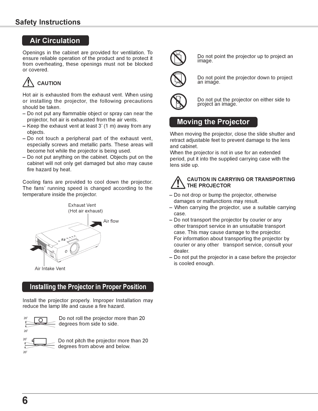 Sanyo PLC-XC56 owner manual Safety Instructions, Air Circulation, Moving the Projector 