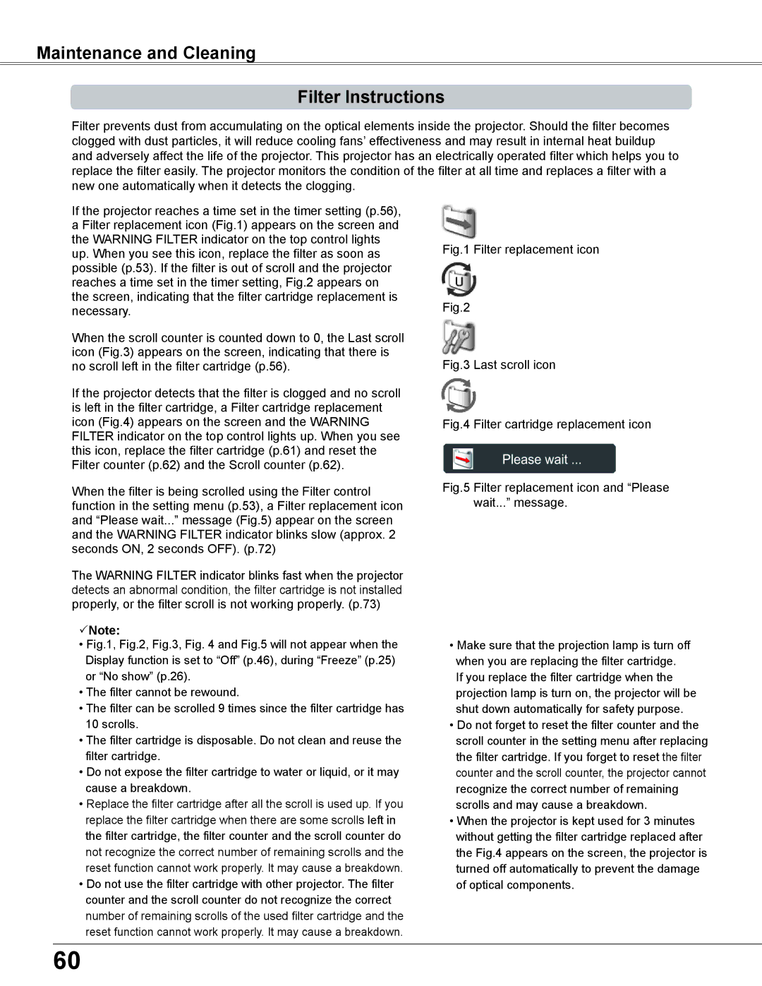 Sanyo PLC-XC56 owner manual Maintenance and Cleaning Filter Instructions, Filter replacement icon 