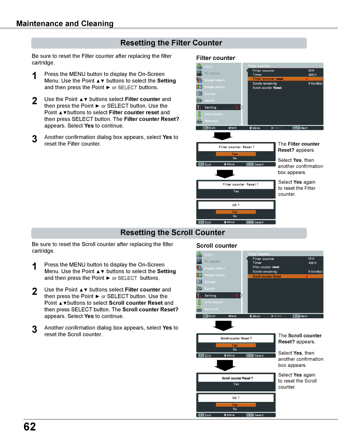 Sanyo PLC-XC56 Maintenance and Cleaning Resetting the Filter Counter, Resetting the Scroll Counter, Scroll counter 
