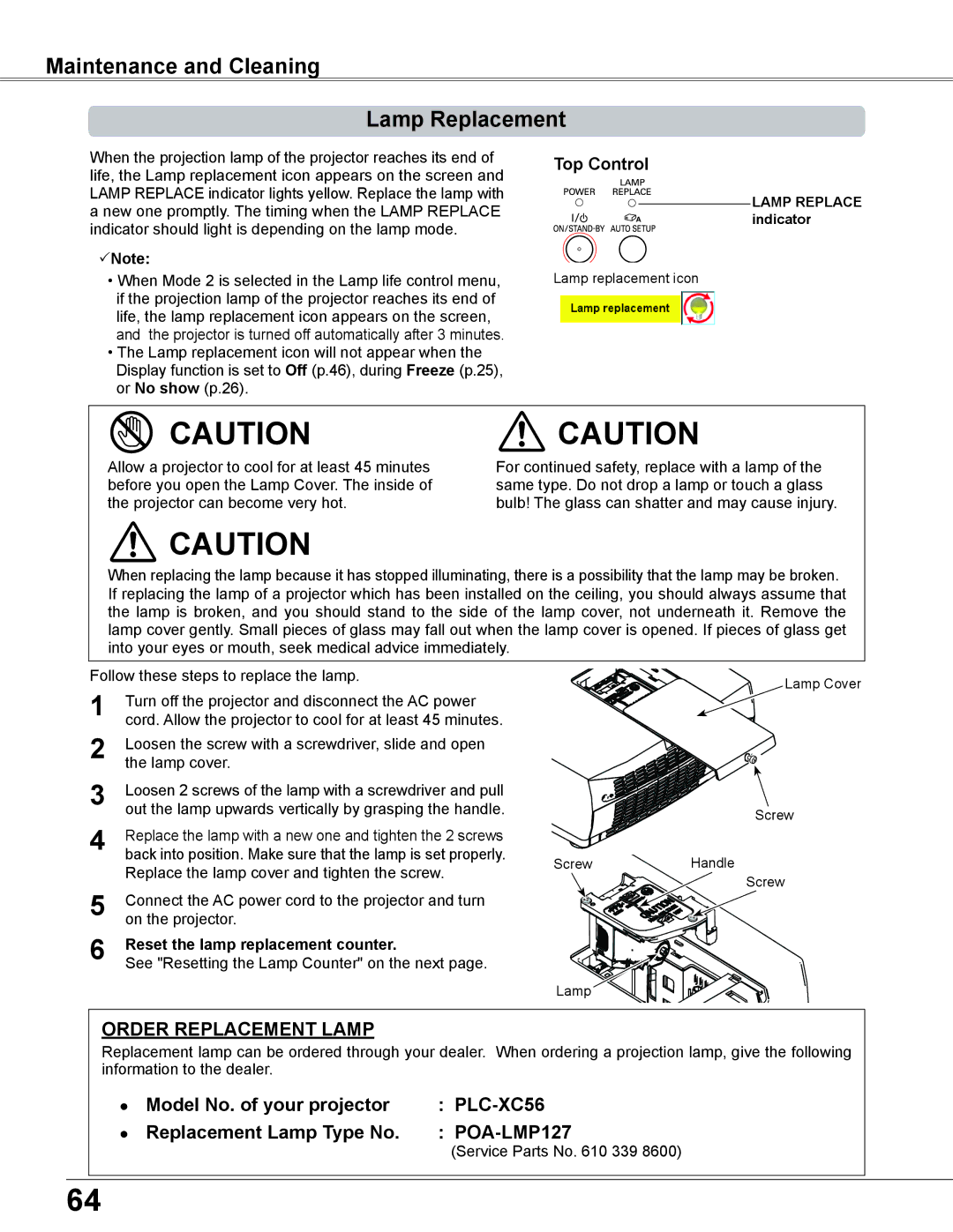 Sanyo PLC-XC56 owner manual Maintenance and Cleaning Lamp Replacement, Service Parts No 339 