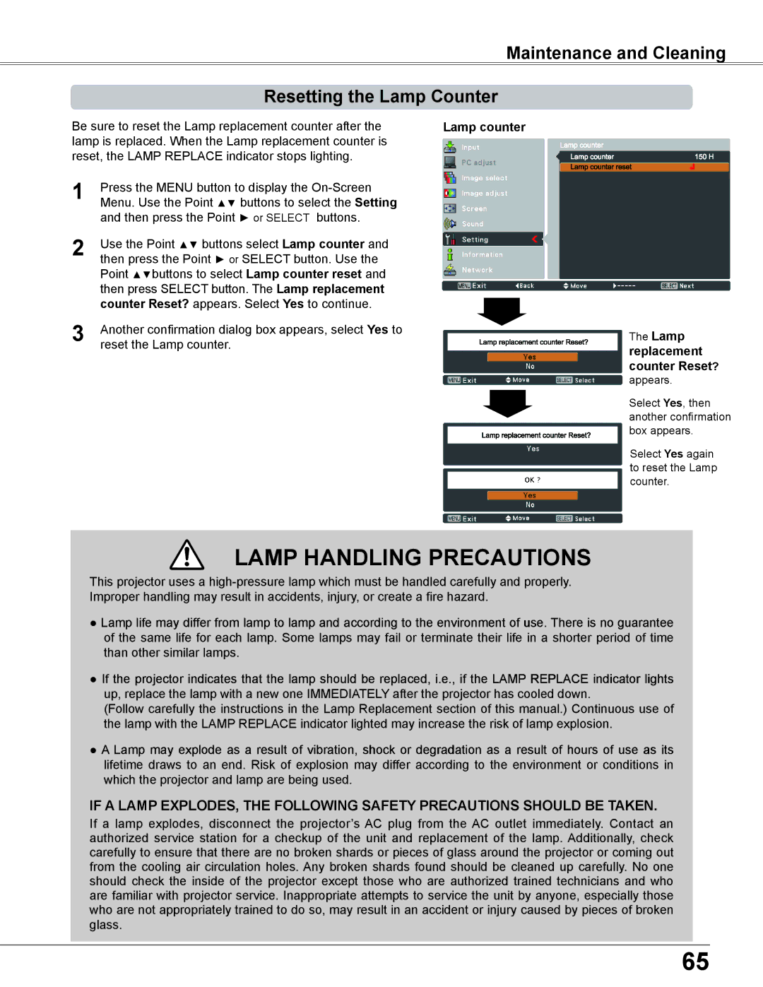 Sanyo PLC-XC56 owner manual Lamp Handling Precautions, Maintenance and Cleaning Resetting the Lamp Counter 