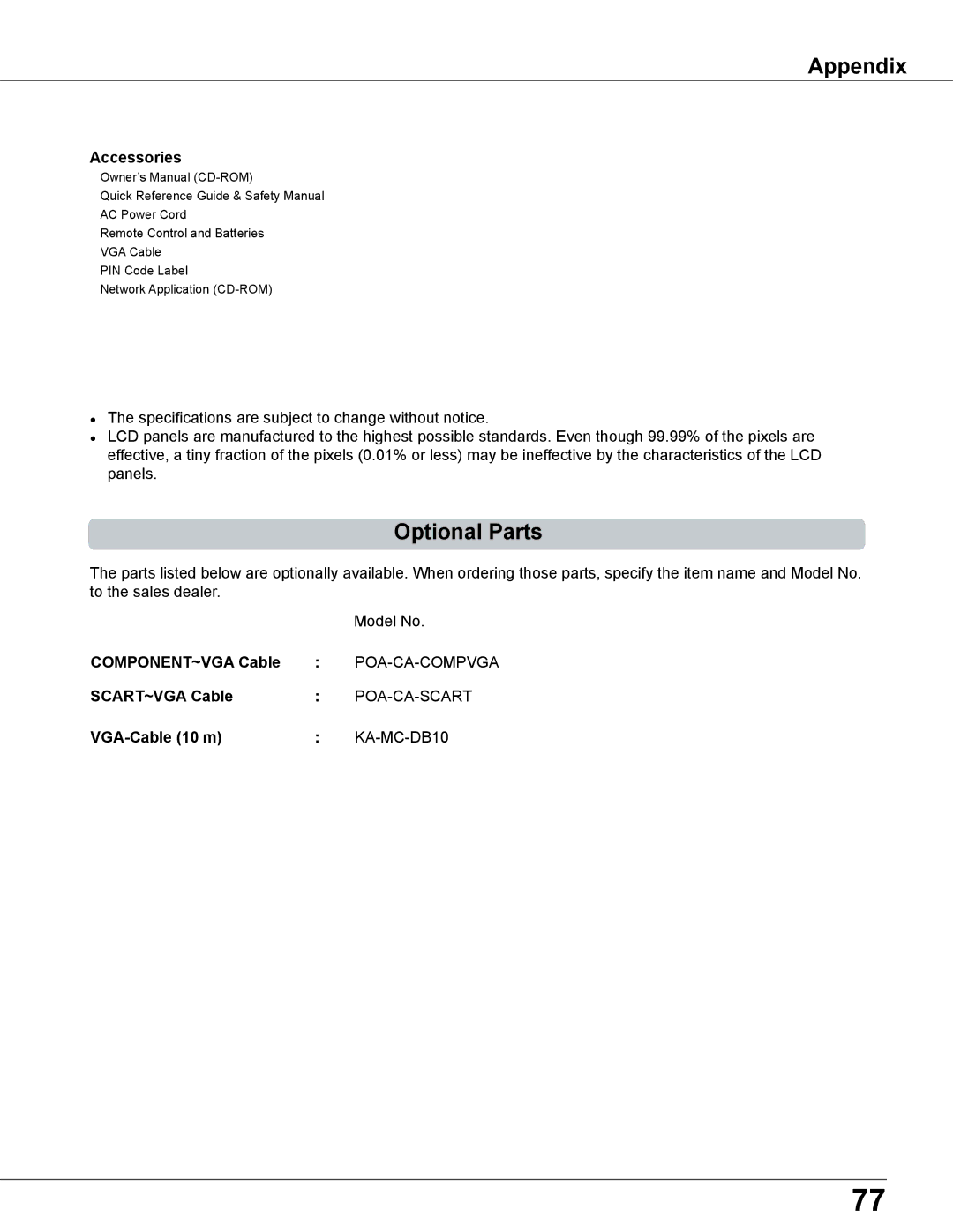 Sanyo PLC-XC56 owner manual Optional Parts 