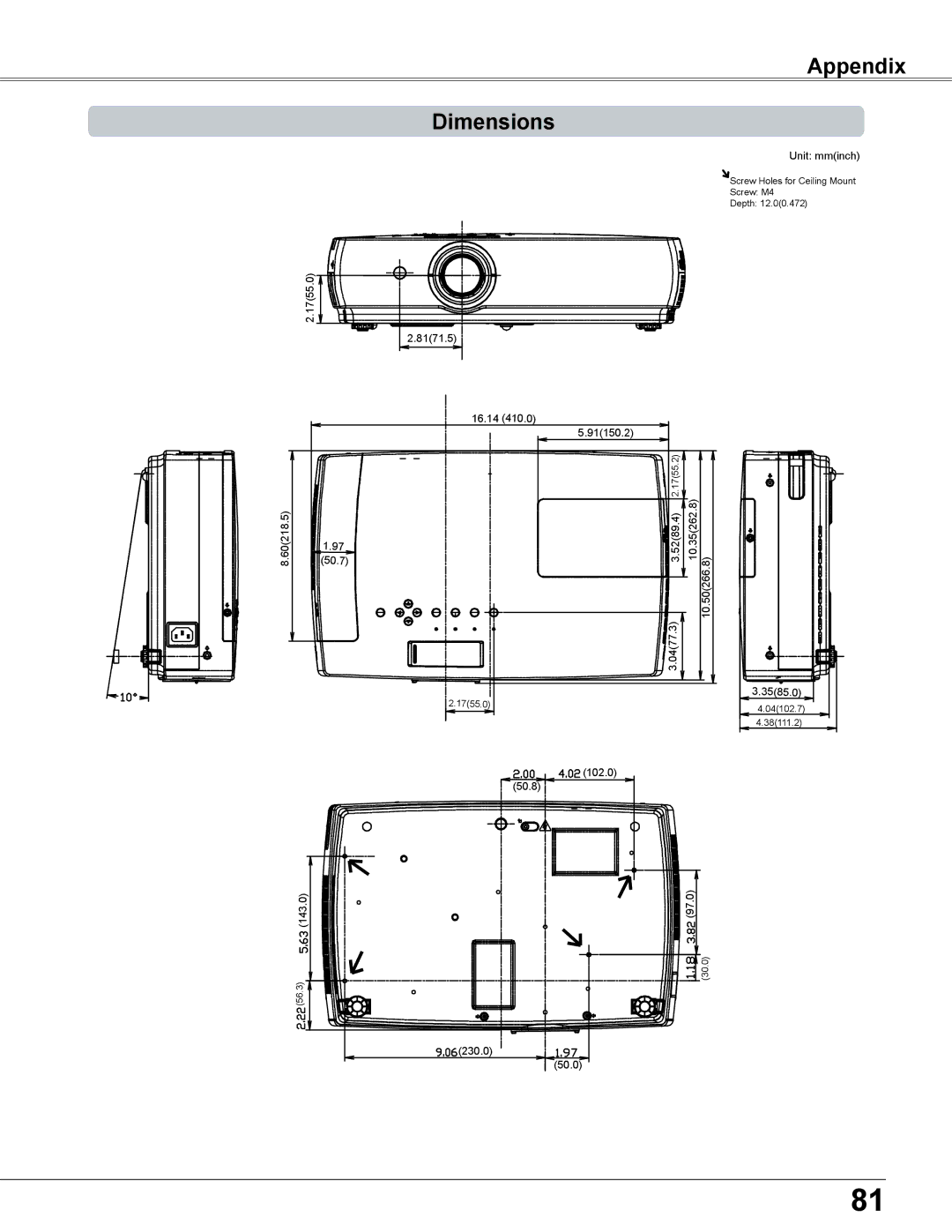 Sanyo PLC-XC56 owner manual Appendix Dimensions 