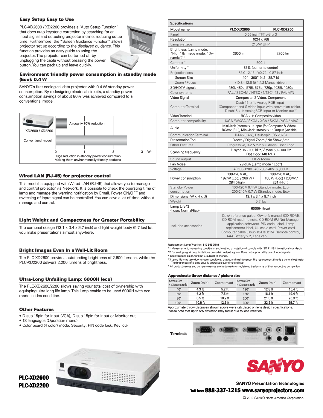 Sanyo manual PLC-XD2600 PLC-XD2200, Easy Setup Easy to Use, Wired LAN RJ-45for projector control, Other Features 