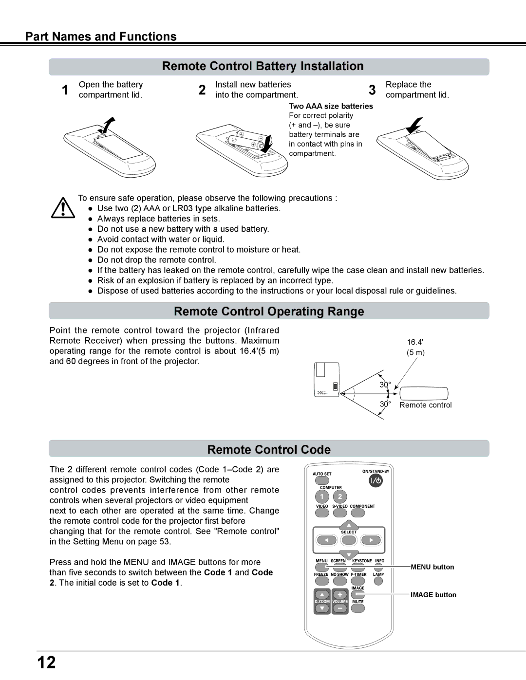 Sanyo PLC-XD2600 owner manual Remote Control Operating Range, Remote Control Code, Two AAA size batteries 