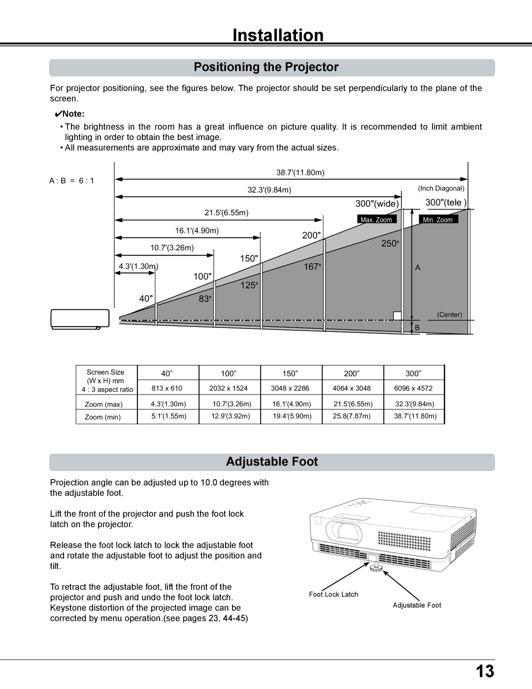 Sanyo PLC-XD2600 owner manual Installation, Positioning the Projector, Adjustable Foot 