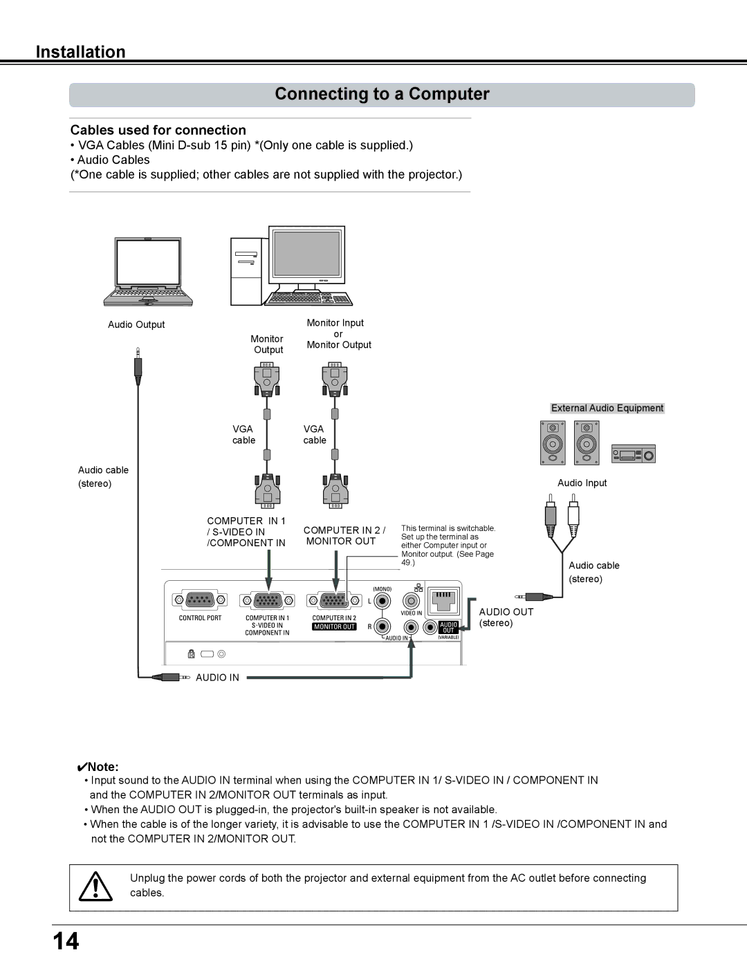 Sanyo PLC-XD2600 owner manual Installation Connecting to a Computer, Cables used for connection 