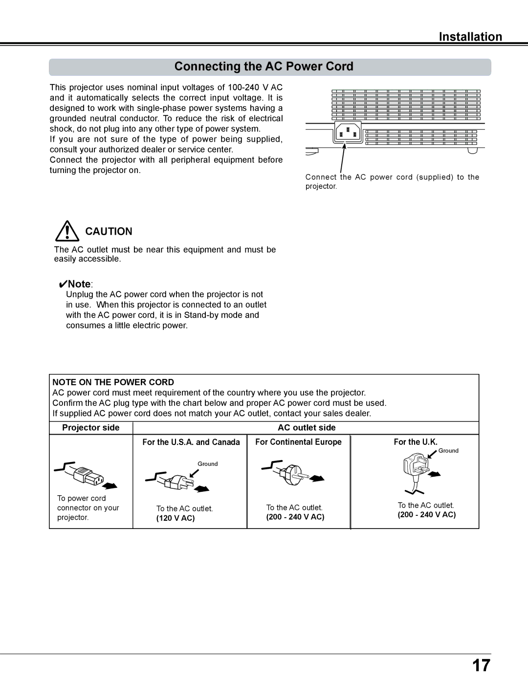 Sanyo PLC-XD2600 Installation Connecting the AC Power Cord, Projector side AC outlet side, For the U..S..A.. and Canada 