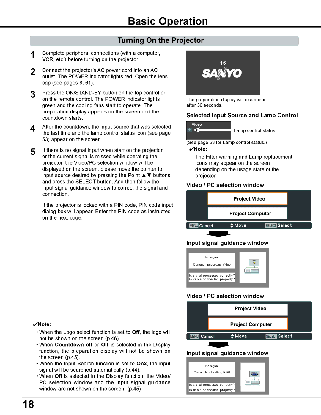 Sanyo PLC-XD2600 owner manual Basic Operation, Turning On the Projector, Selected Input Source and Lamp Control 