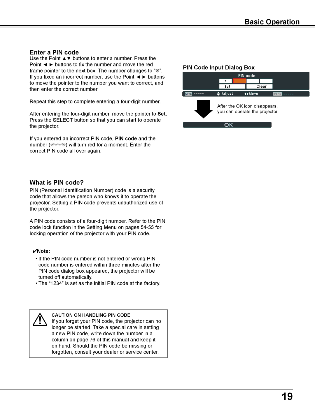 Sanyo PLC-XD2600 owner manual Basic Operation, PIN Code Input Dialog Box 