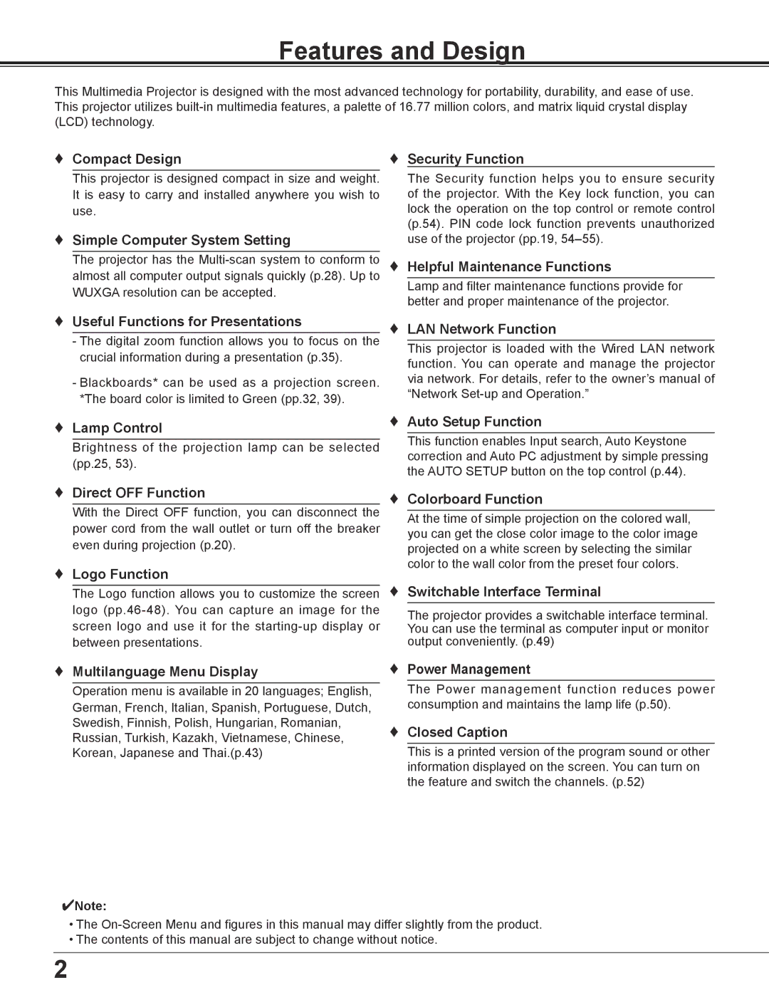 Sanyo PLC-XD2600 owner manual Features and Design 