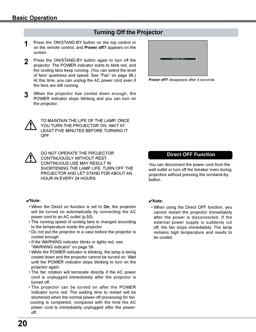 Sanyo PLC-XD2600 owner manual Basic Operation Turning Off the Projector, Direct OFF Function 