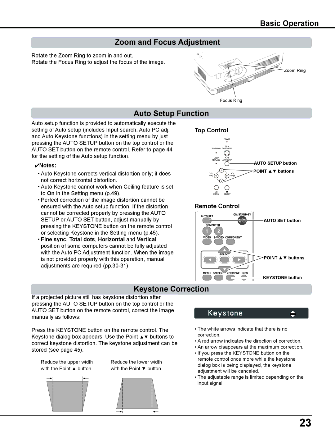 Sanyo PLC-XD2600 owner manual Basic Operation Zoom and Focus Adjustment, Auto Setup Function, Keystone Correction 