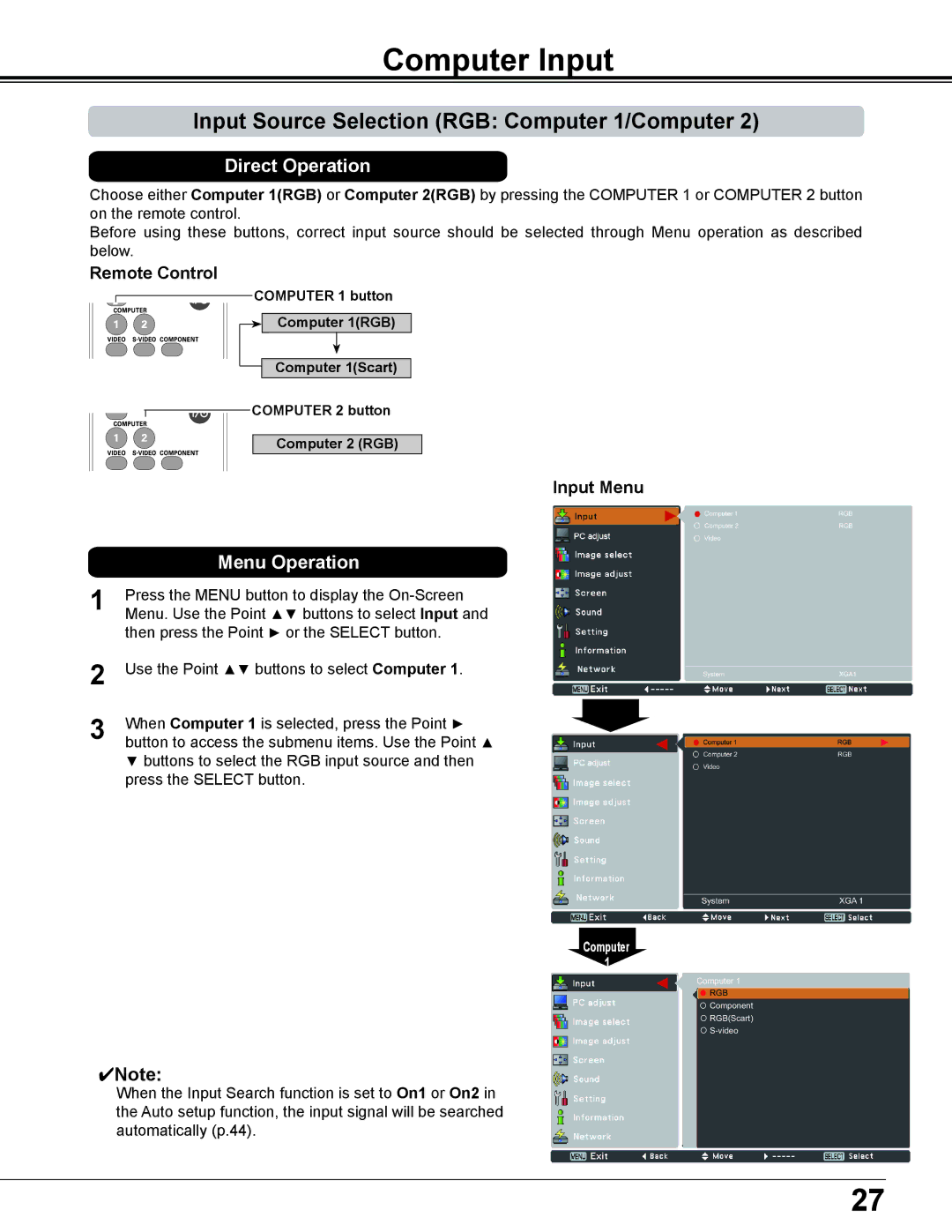 Sanyo PLC-XD2600 owner manual Computer Input, Input Source Selection RGB Computer 1/Computer, Input Menu 