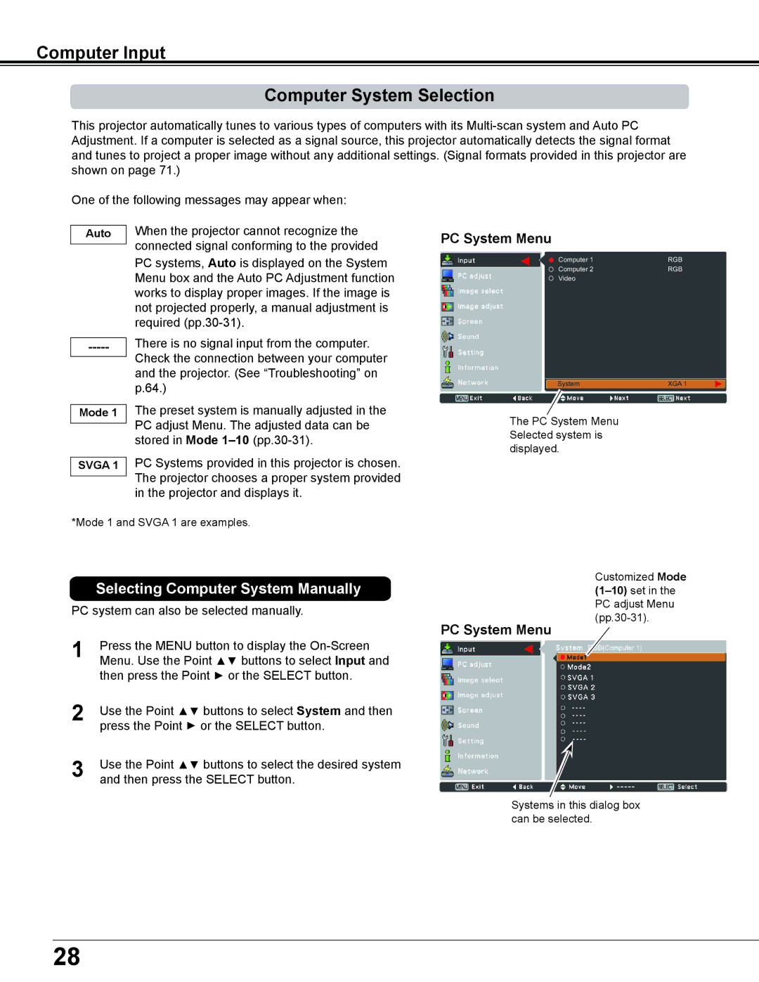 Sanyo PLC-XD2600 owner manual Computer Input Computer System Selection, PC System Menu, Auto, Mode 