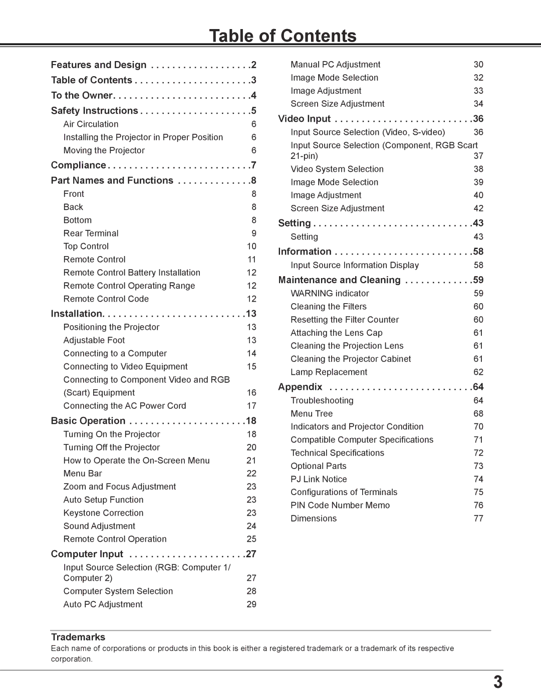 Sanyo PLC-XD2600 owner manual Table of Contents 