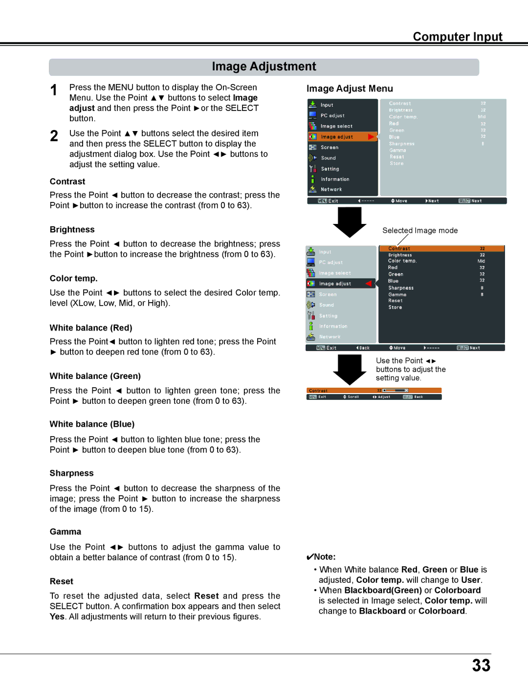 Sanyo PLC-XD2600 owner manual Computer Input Image Adjustment, Image Adjust Menu 