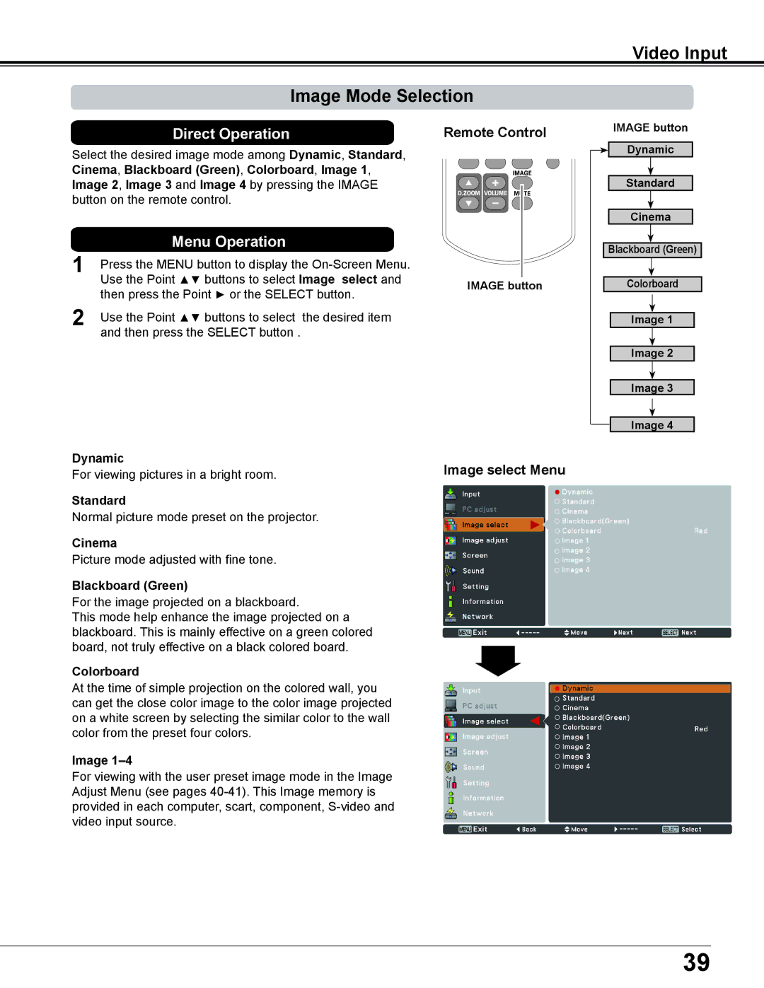 Sanyo PLC-XD2600 owner manual Video Input Image Mode Selection, Cinema, Image button 