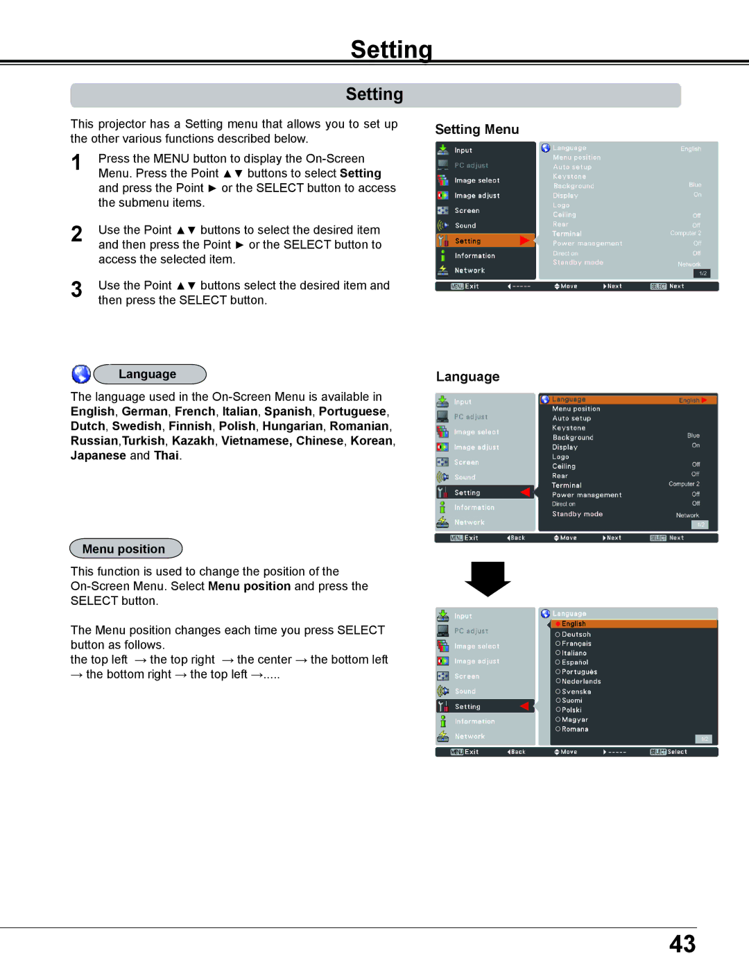 Sanyo PLC-XD2600 owner manual Setting Menu Language, Menu position 