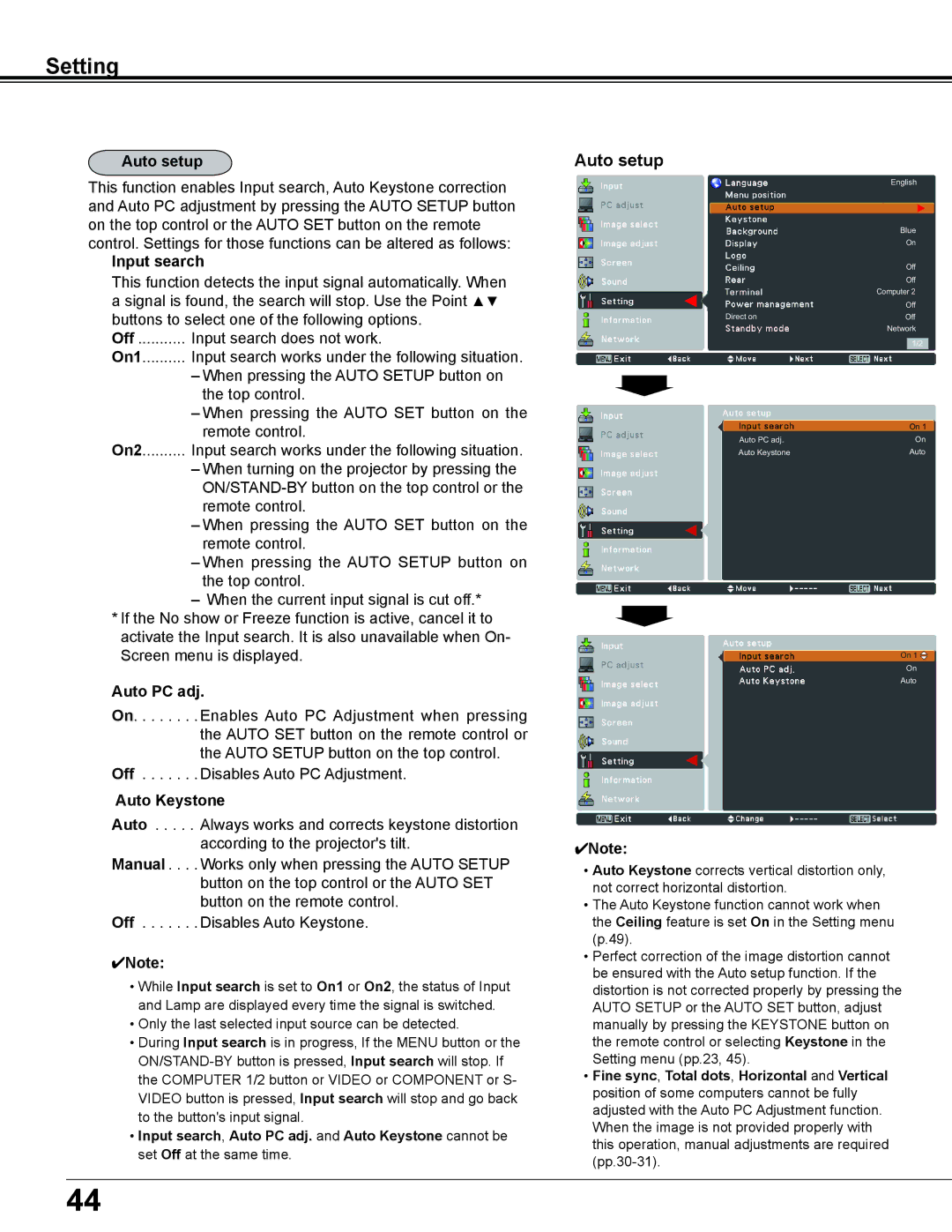 Sanyo PLC-XD2600 owner manual Auto setup, Input search, Auto Keystone 