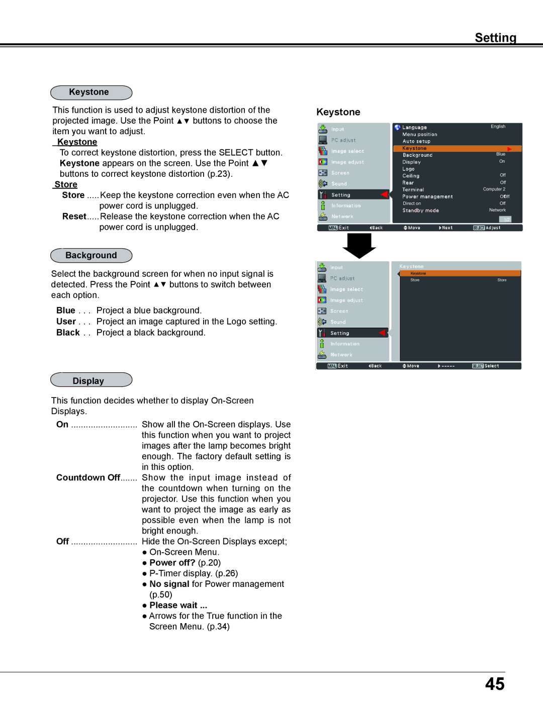 Sanyo PLC-XD2600 owner manual Keystone, Background, Display, Countdown Off, Power off? p.20, Please wait 