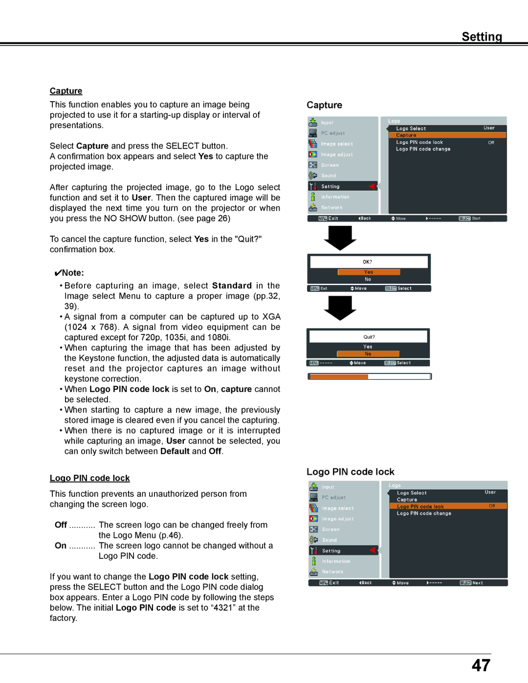 Sanyo PLC-XD2600 owner manual Capture, Logo PIN code lock 