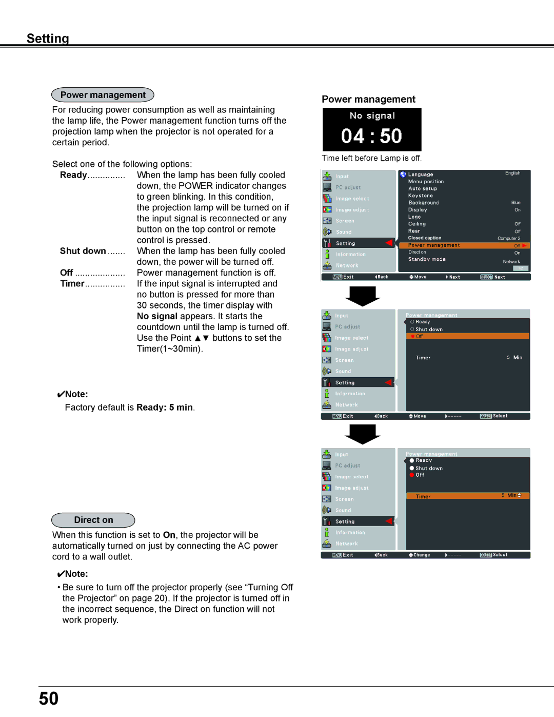 Sanyo PLC-XD2600 owner manual Power management, Shut down, Direct on 