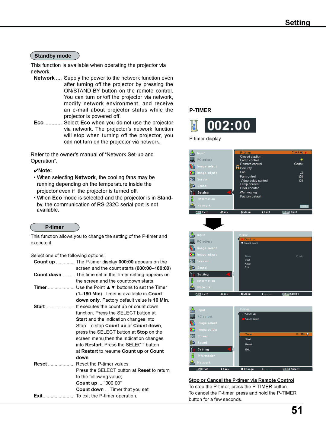 Sanyo PLC-XD2600 owner manual Standby mode, Timer 