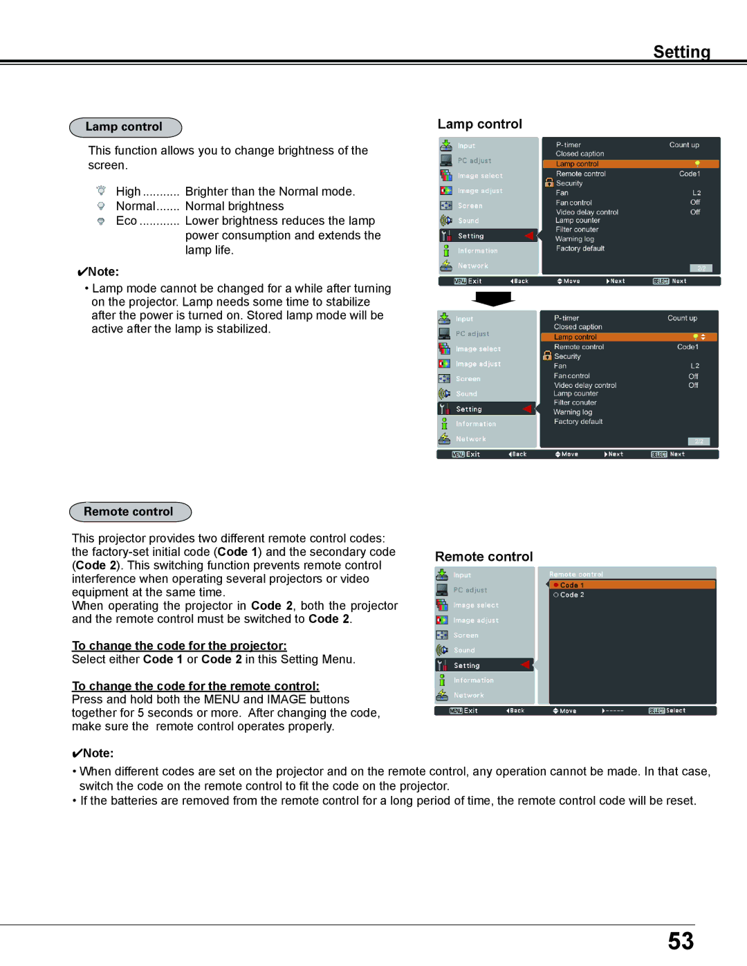 Sanyo PLC-XD2600 owner manual Lamp control Remote control, To change the code for the projector 