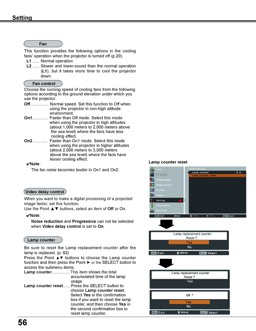 Sanyo PLC-XD2600 owner manual Fan control, Lamp counter reset, Video delay control 