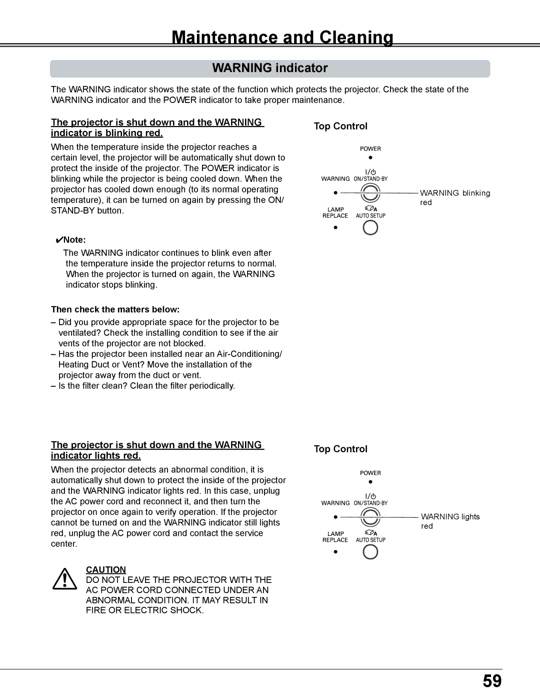 Sanyo PLC-XD2600 owner manual Maintenance and Cleaning, Projector is shut down and the Warning indicator lights red 