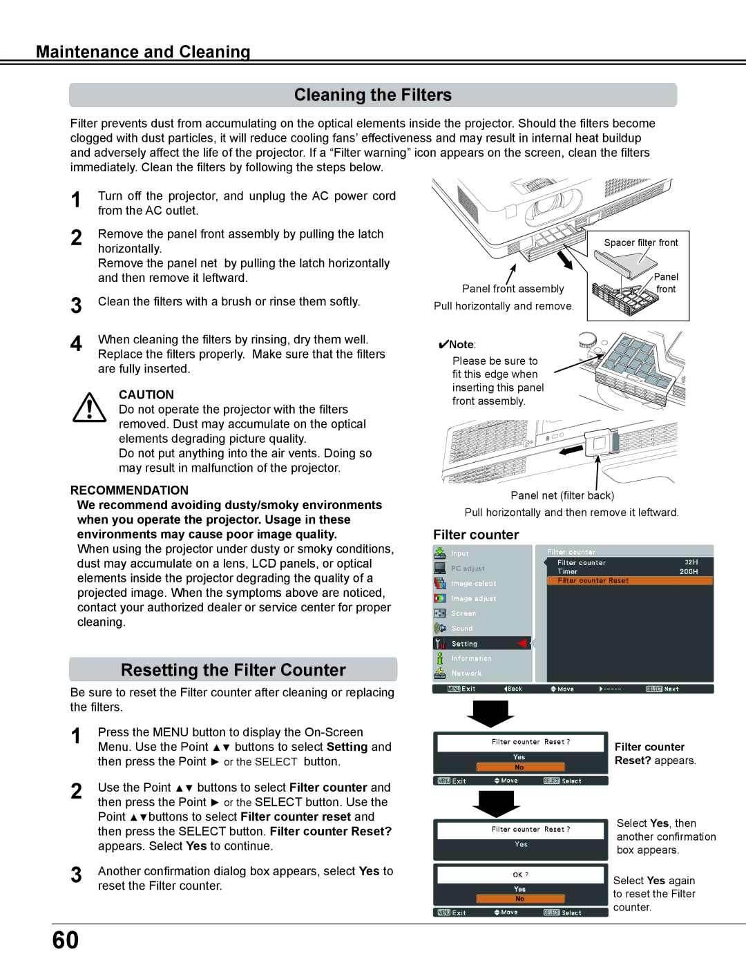 Sanyo PLC-XD2600 owner manual Maintenance and Cleaning Cleaning the Filters, Resetting the Filter Counter, Filter counter 