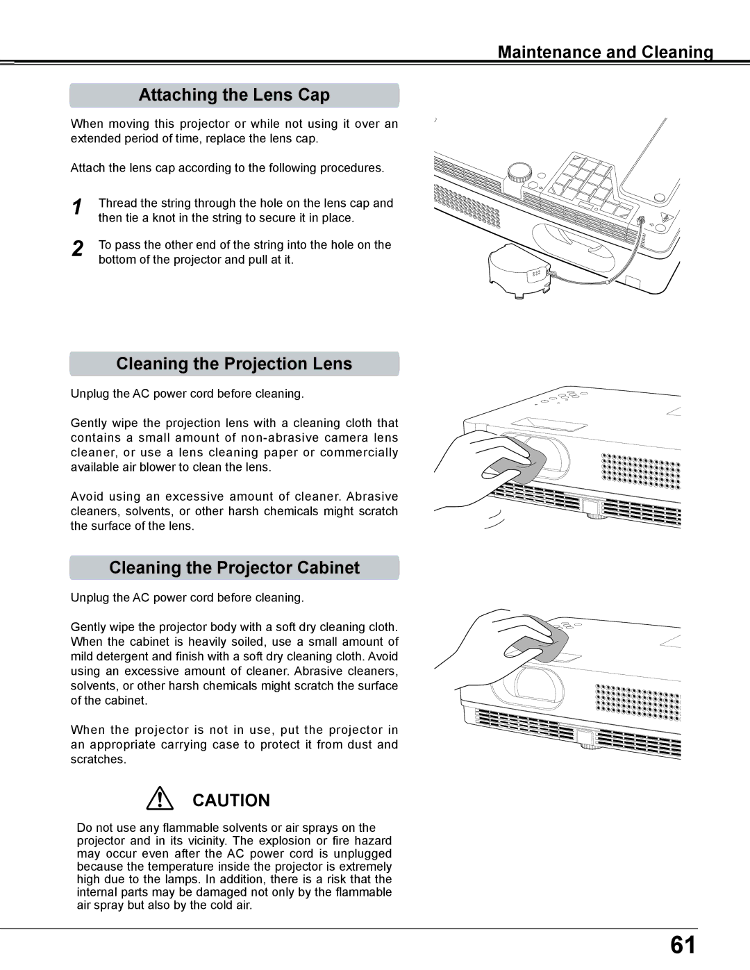 Sanyo PLC-XD2600 owner manual Maintenance and Cleaning Attaching the Lens Cap, Cleaning the Projection Lens 