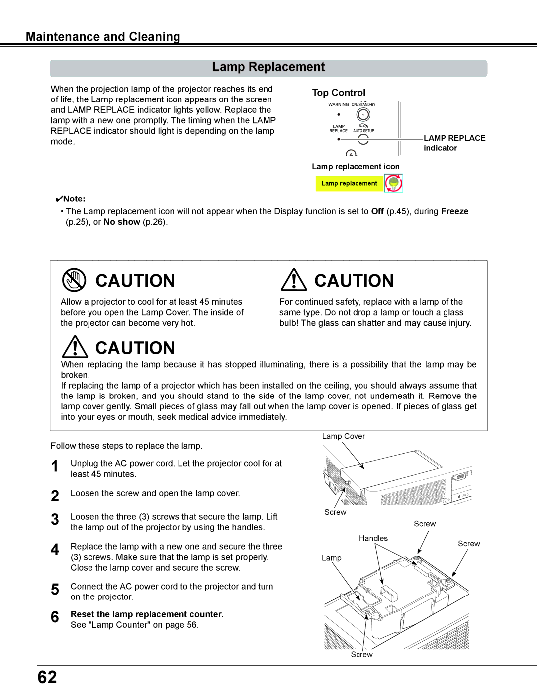 Sanyo PLC-XD2600 Maintenance and Cleaning Lamp Replacement, Reset the lamp replacement counter, Lamp replacement icon 